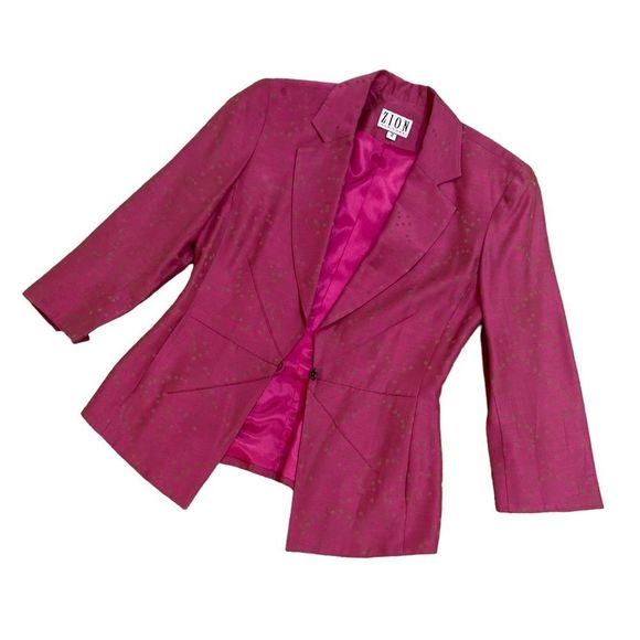 Vintage 1990’s Zion barbie pink print fitted lined blazer floral metal button 2 - Picture 2 of 14